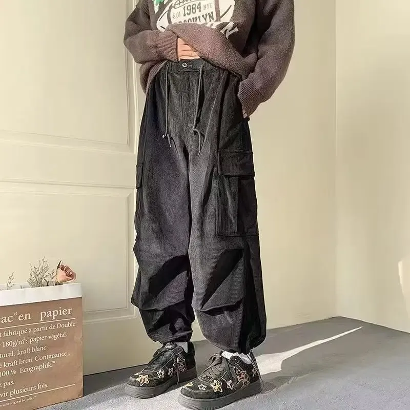 Aidase Corduroy Cargo Pants for Men Streetwear Black Cargo Trousers Male Joggers Hip Hop Green Black Japanese Pocket Korean