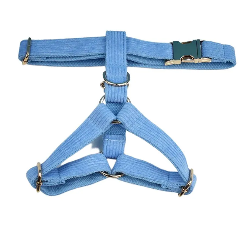 Blue Corduroy Dog Collar And Leash With Custom Engraved Nameplate