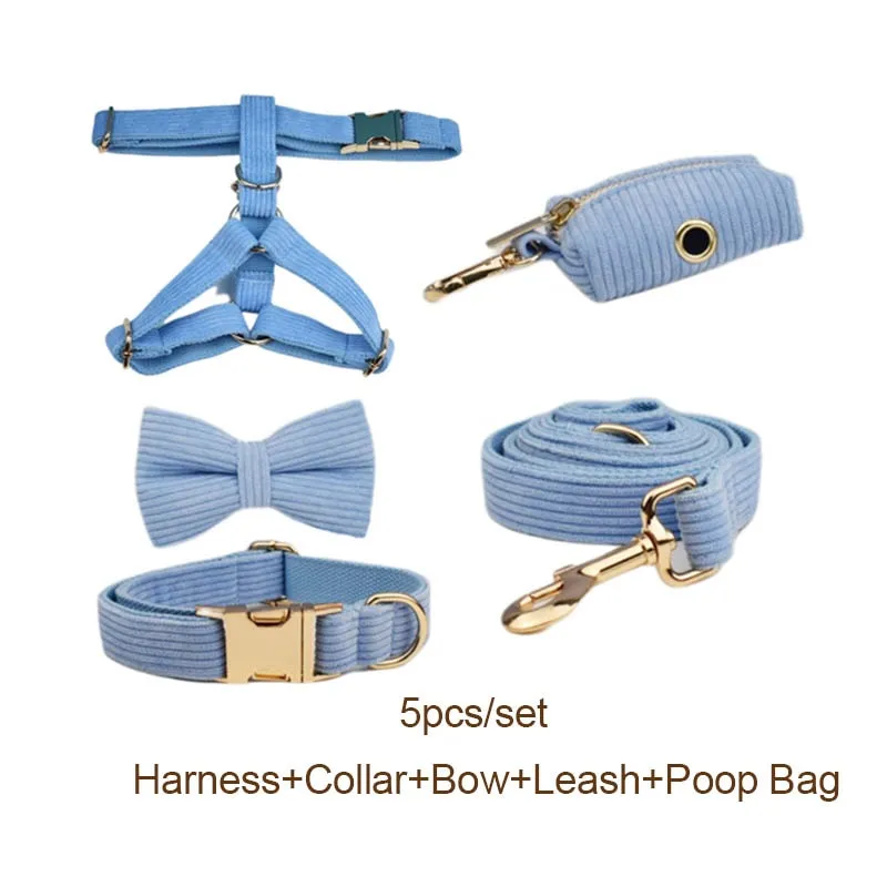 Blue Corduroy Dog Collar And Leash With Custom Engraved Nameplate