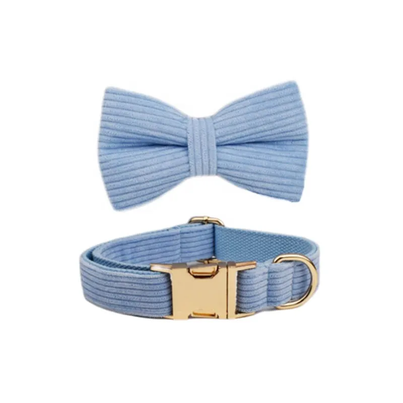 Blue Corduroy Dog Collar And Leash With Custom Engraved Nameplate