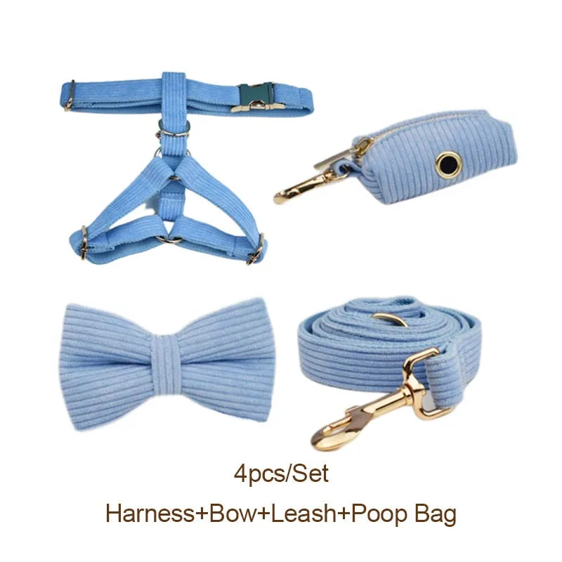 Blue Corduroy Dog Collar And Leash With Custom Engraved Nameplate
