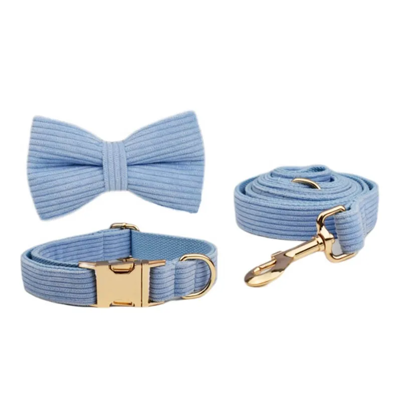 Blue Corduroy Dog Collar And Leash With Custom Engraved Nameplate