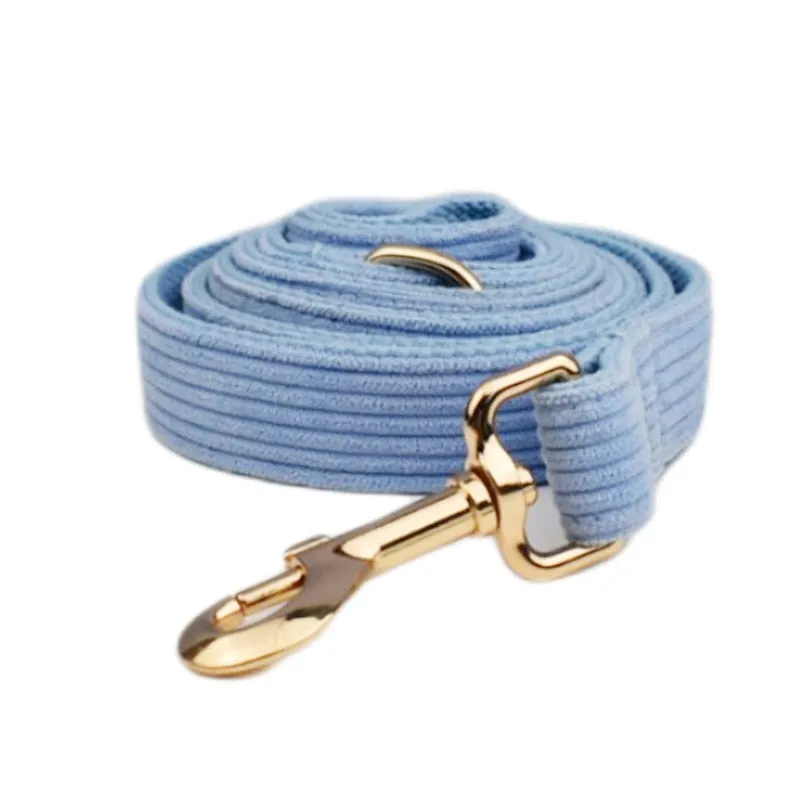 Blue Corduroy Dog Collar And Leash With Custom Engraved Nameplate