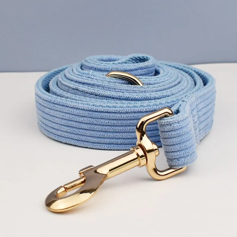Blue Corduroy Dog Collar And Leash With Custom Engraved Nameplate