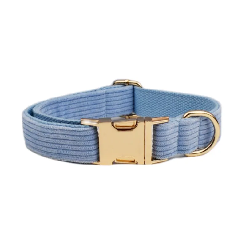 Blue Corduroy Dog Collar And Leash With Custom Engraved Nameplate