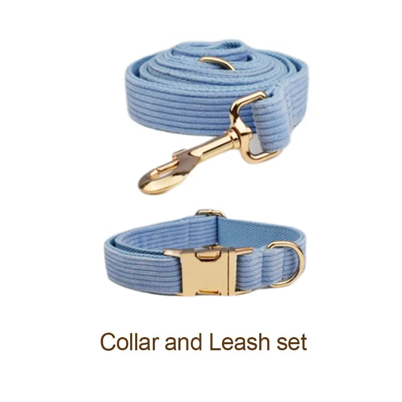Blue Corduroy Dog Collar And Leash With Custom Engraved Nameplate