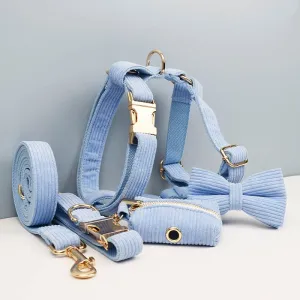 Blue Corduroy Dog Collar And Leash With Custom Engraved Nameplate
