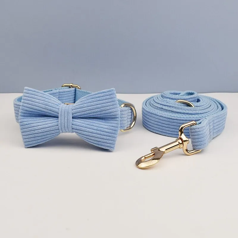 Blue Corduroy Dog Collar And Leash With Custom Engraved Nameplate