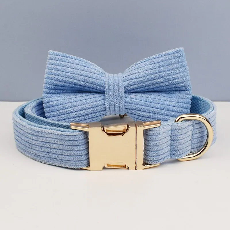 Blue Corduroy Dog Collar And Leash With Custom Engraved Nameplate