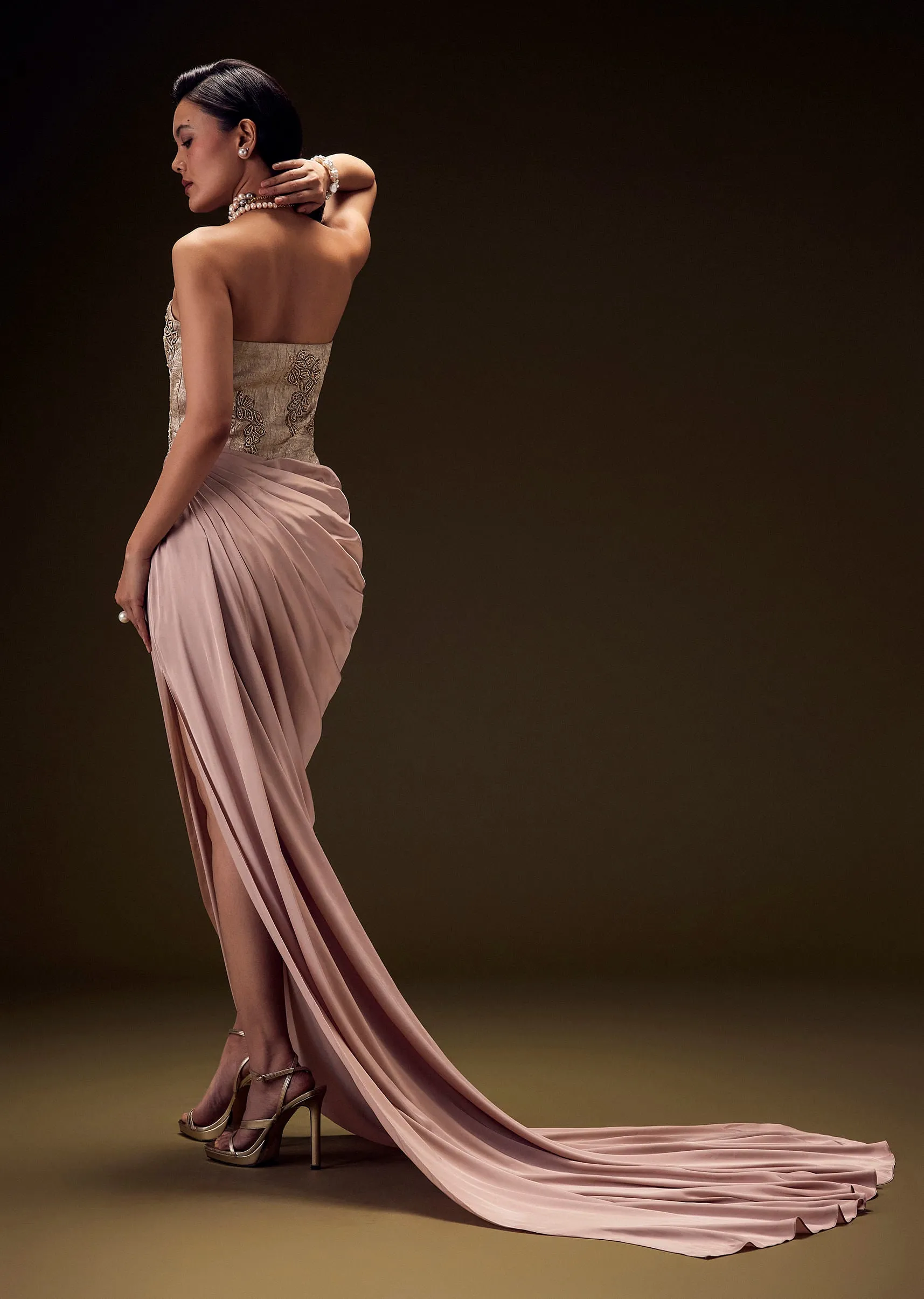 Blush Peach Embroidered Brocade Corset Gown With Drape And Side Slit