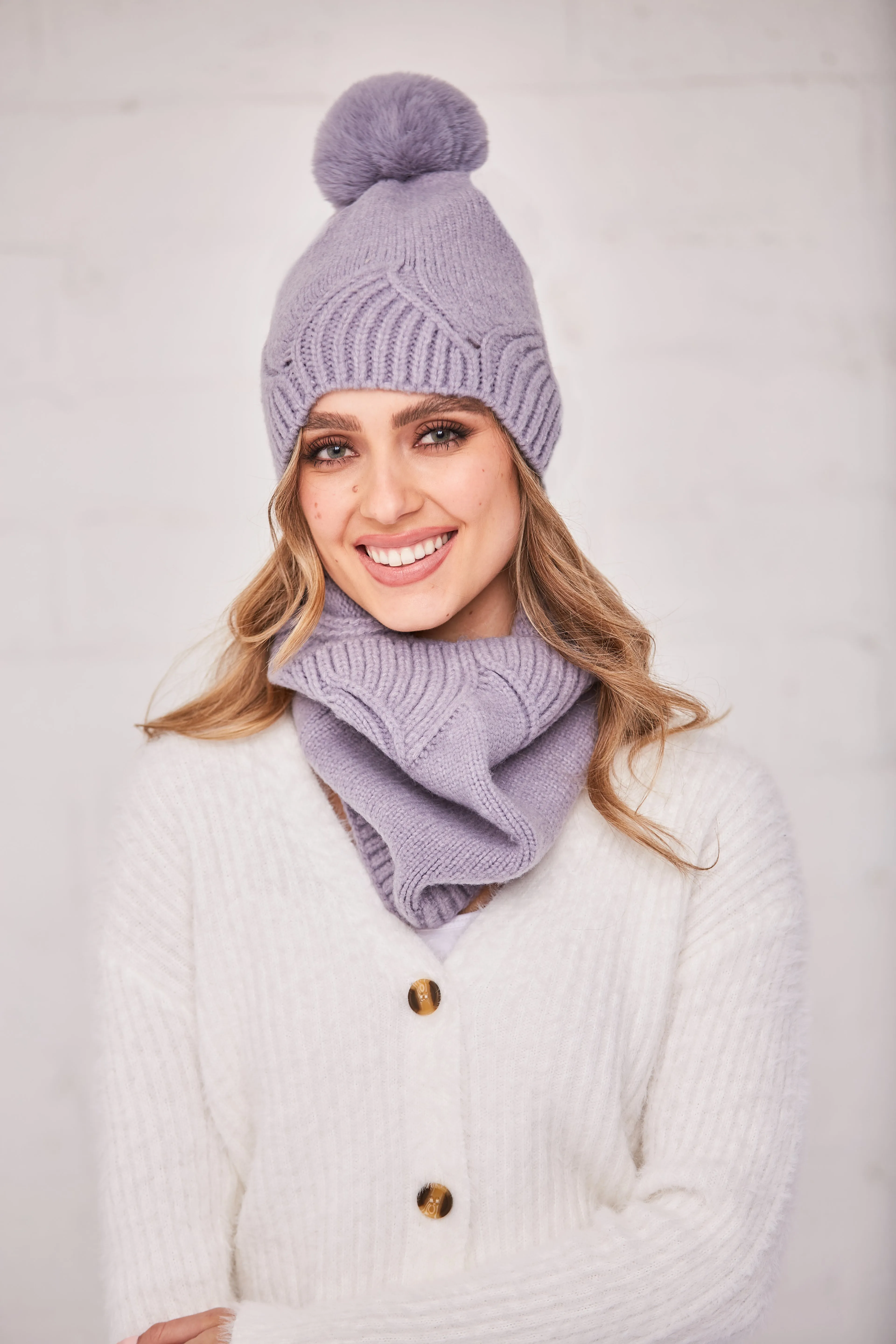 Brandwell Cosy Knit Hat & Cowl Set - Lavender