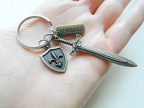 Bronze Sword & Shield Charm Keychain with Fearless Charm, Knight Keychain, Warrior Keychain, Fantasy Keychain