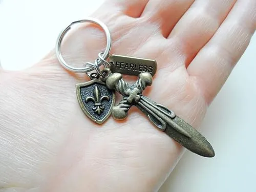 Bronze Sword & Small Shield Charm Keychain with Fearless Charm, Knight Keychain, Warrior Keychain, Fantasy Keychain
