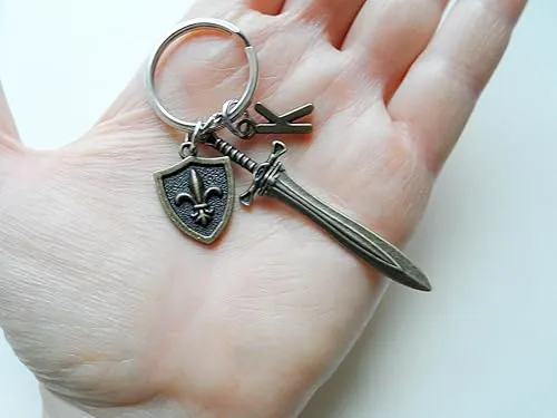 Custom Bronze Sword & Shield Charm Keychain with Letter Charm, Knight Keychain, Warrior Keychain, Fantasy Keychain