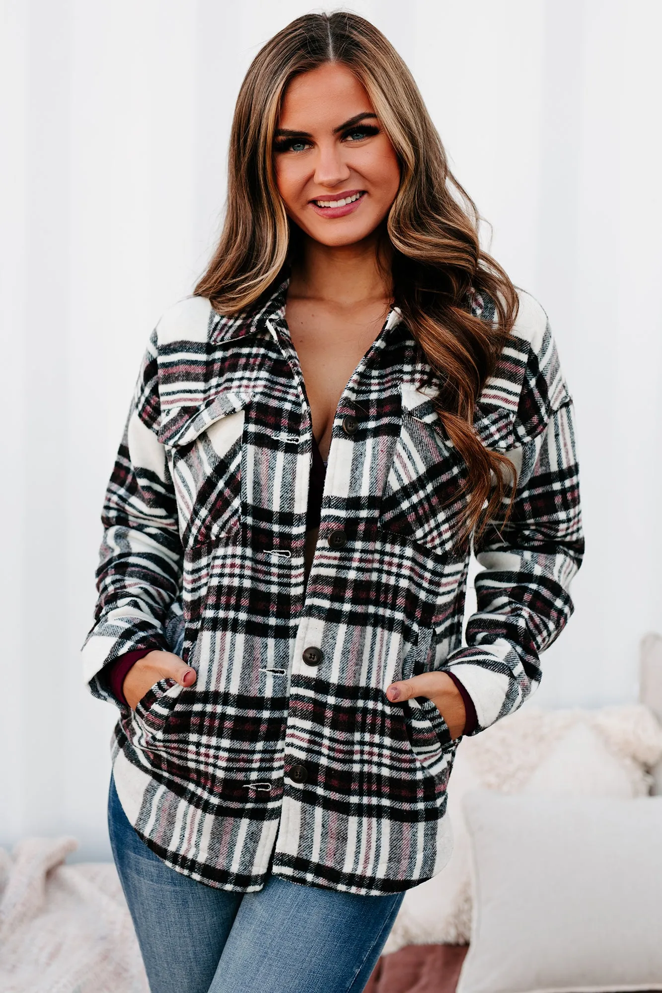 Desirable Outcomes Plaid Fleece Shacket (Ivory/Black/Wine)