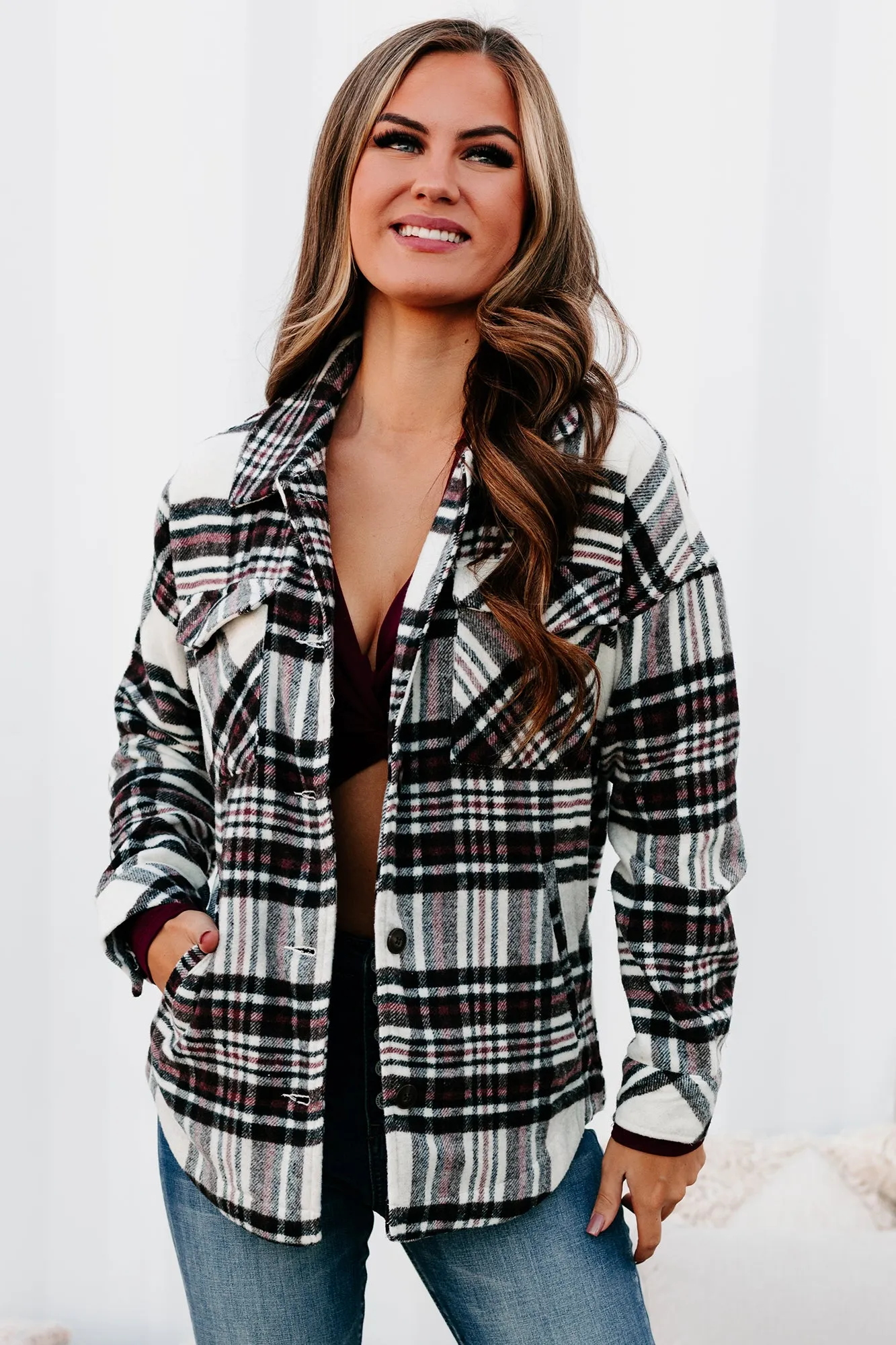 Desirable Outcomes Plaid Fleece Shacket (Ivory/Black/Wine)