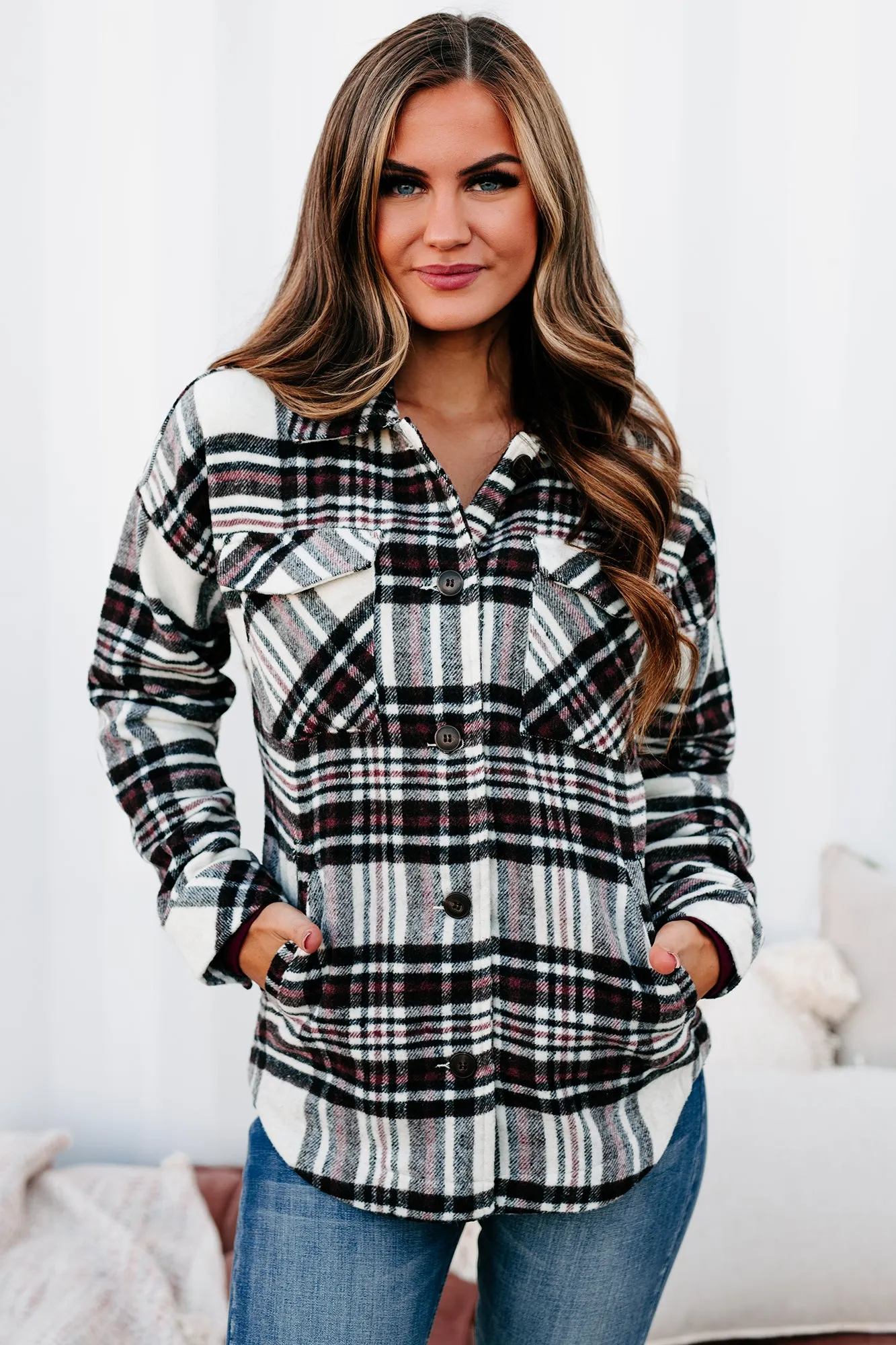 Desirable Outcomes Plaid Fleece Shacket (Ivory/Black/Wine)