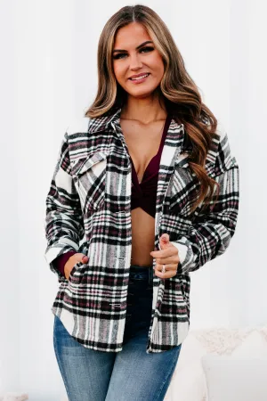 Desirable Outcomes Plaid Fleece Shacket (Ivory/Black/Wine)
