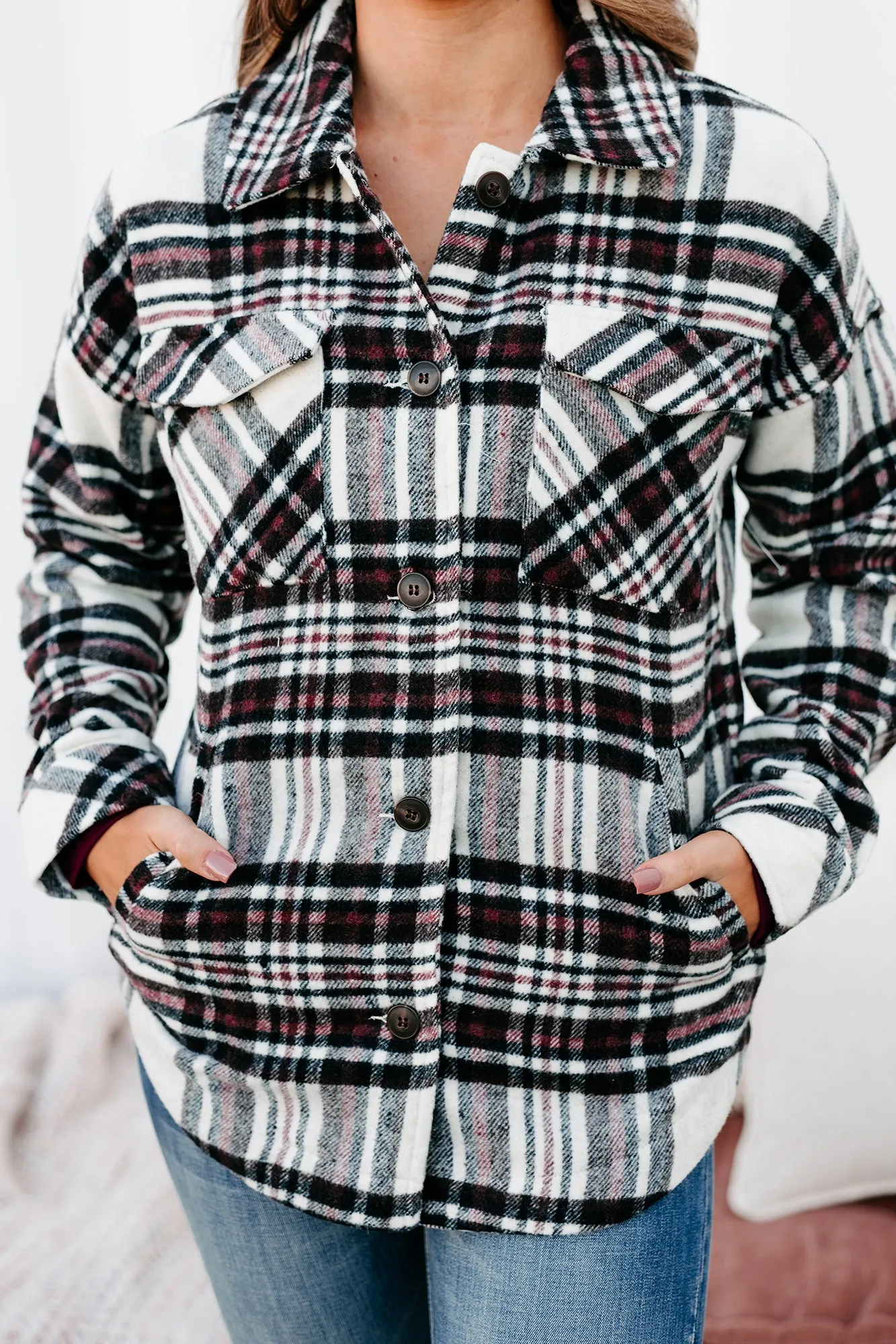 Desirable Outcomes Plaid Fleece Shacket (Ivory/Black/Wine)