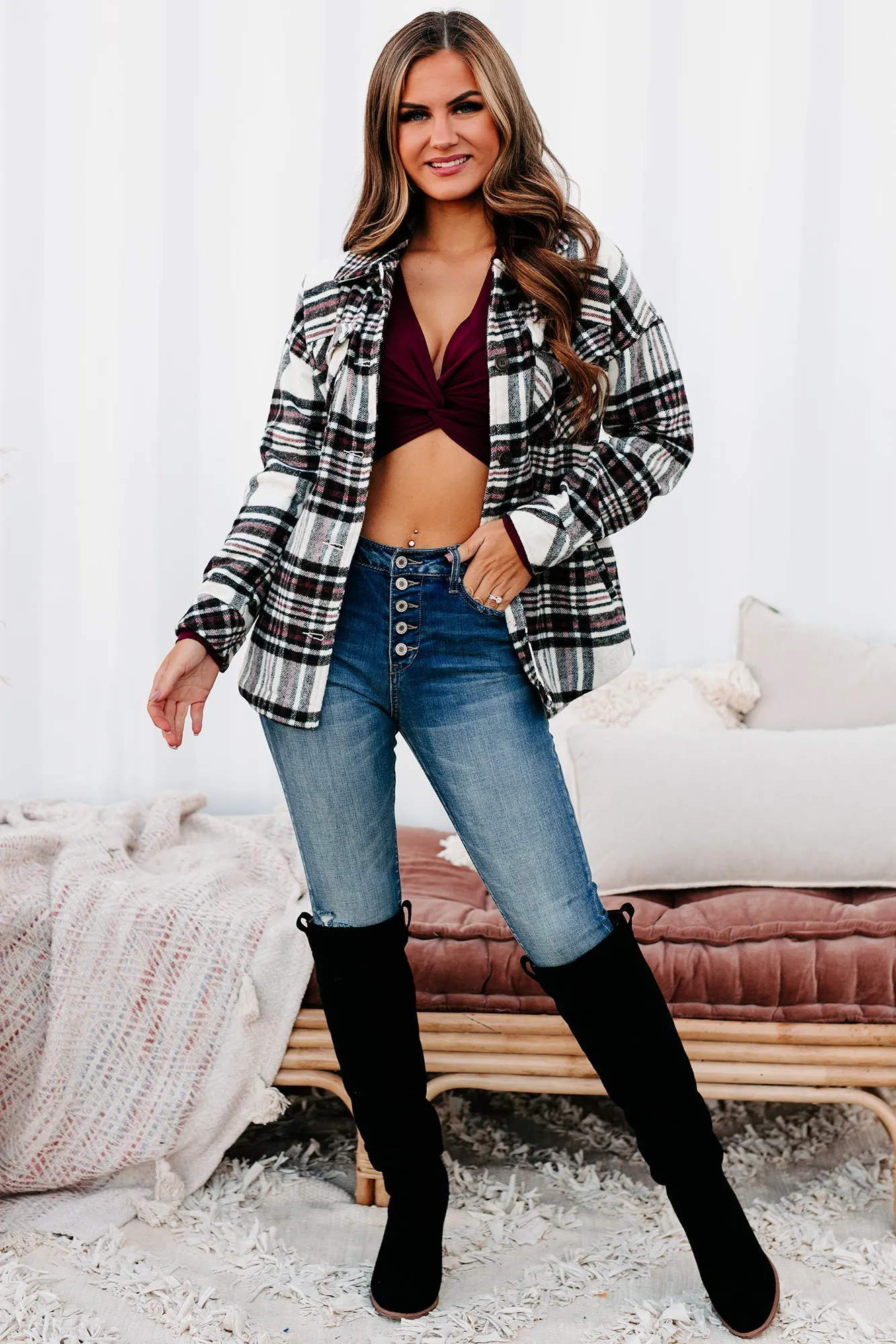 Desirable Outcomes Plaid Fleece Shacket (Ivory/Black/Wine)