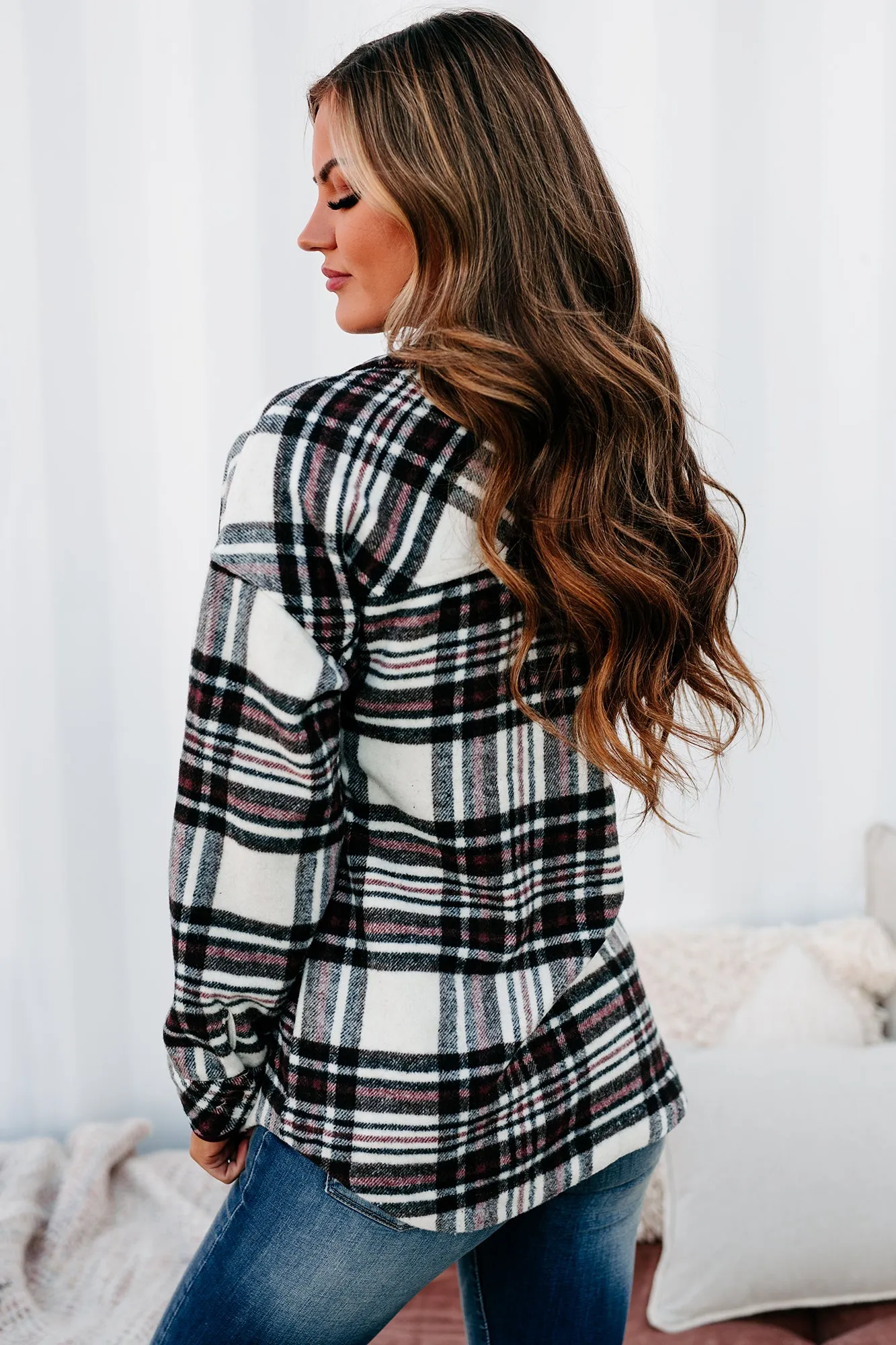 Desirable Outcomes Plaid Fleece Shacket (Ivory/Black/Wine)