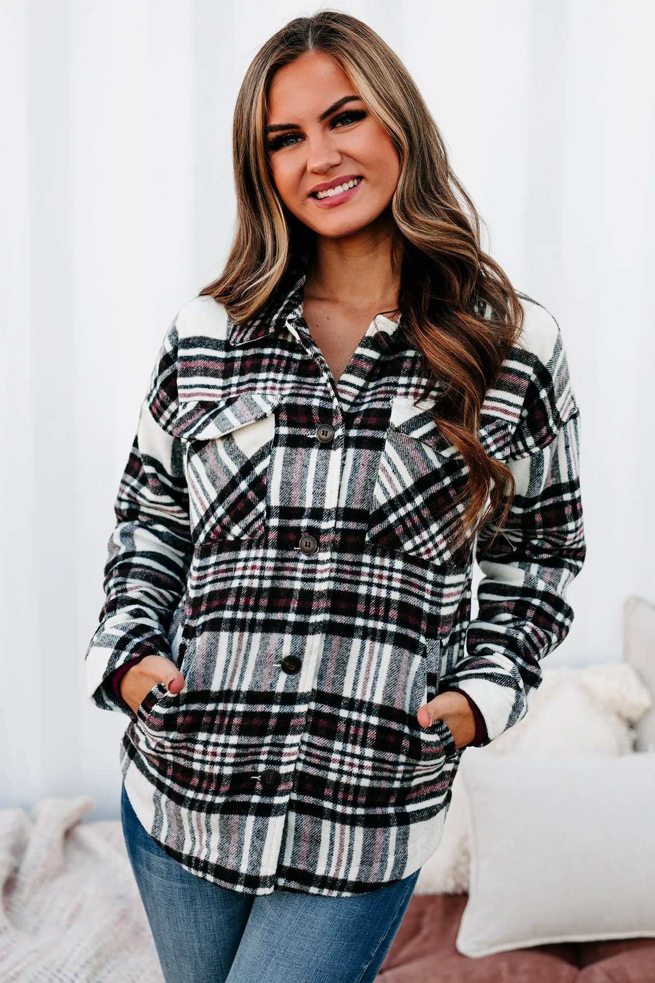 Desirable Outcomes Plaid Fleece Shacket (Ivory/Black/Wine)
