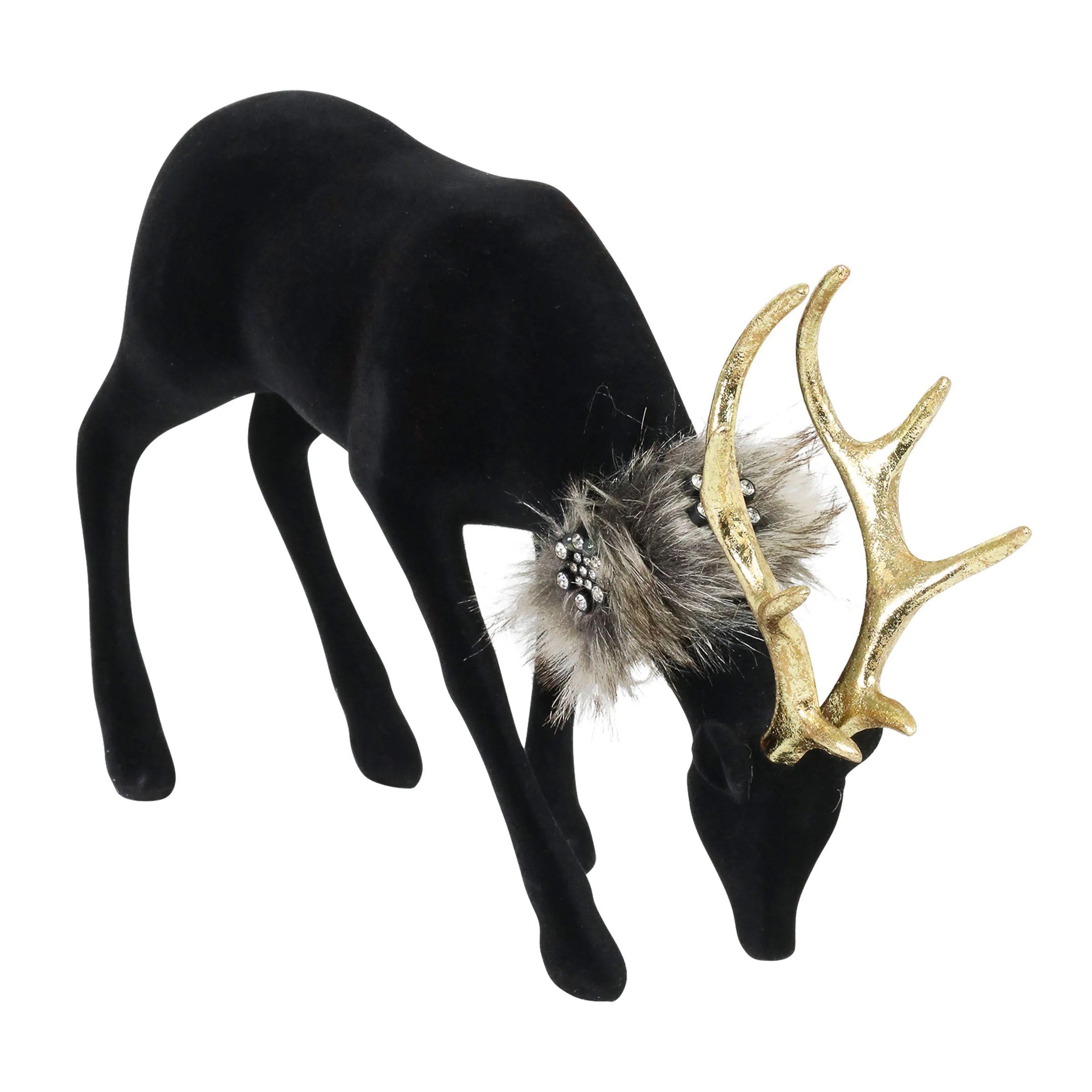 Holiday Black Velvet Grazing Reindeer Statue, 11.5 Inches
