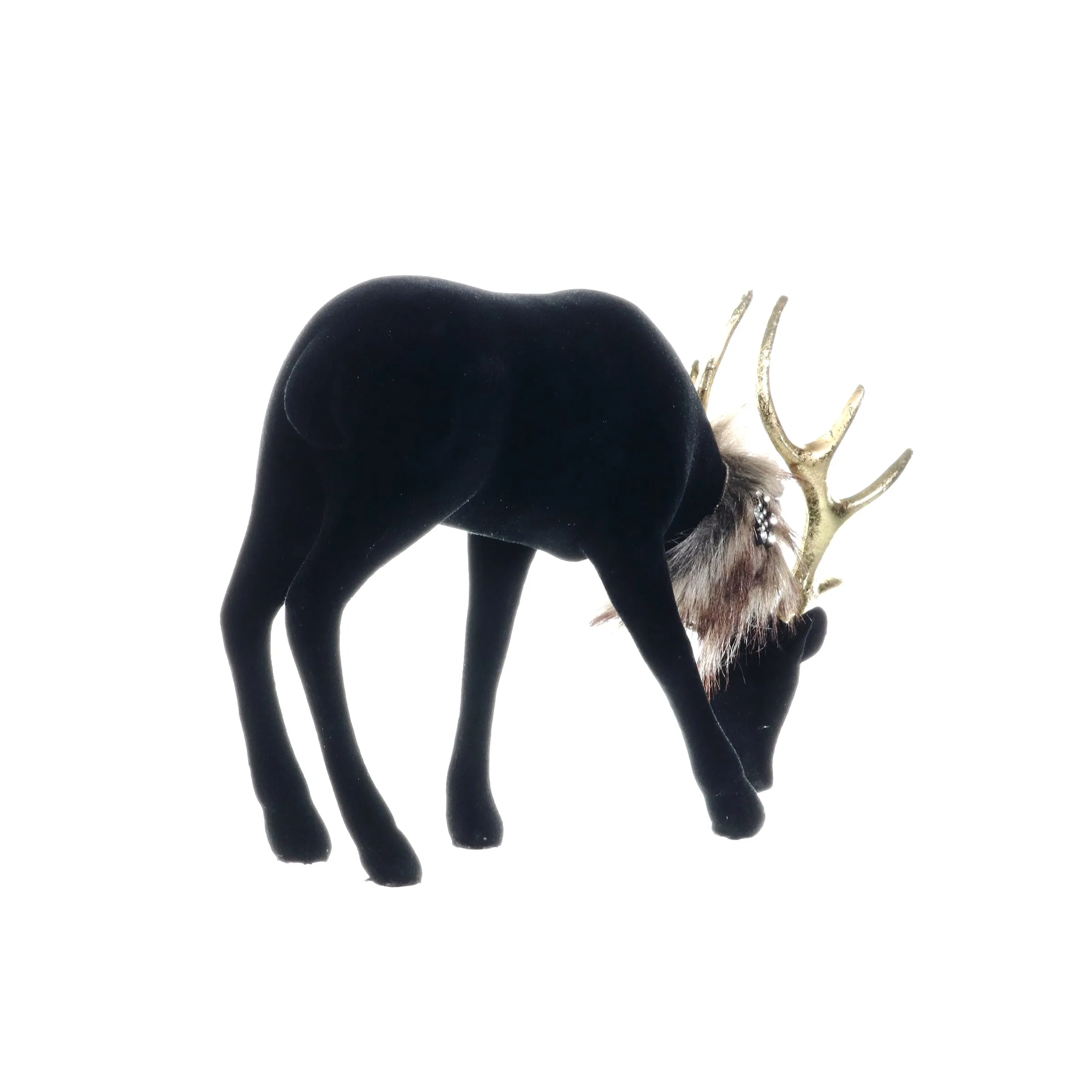 Holiday Black Velvet Grazing Reindeer Statue, 11.5 Inches