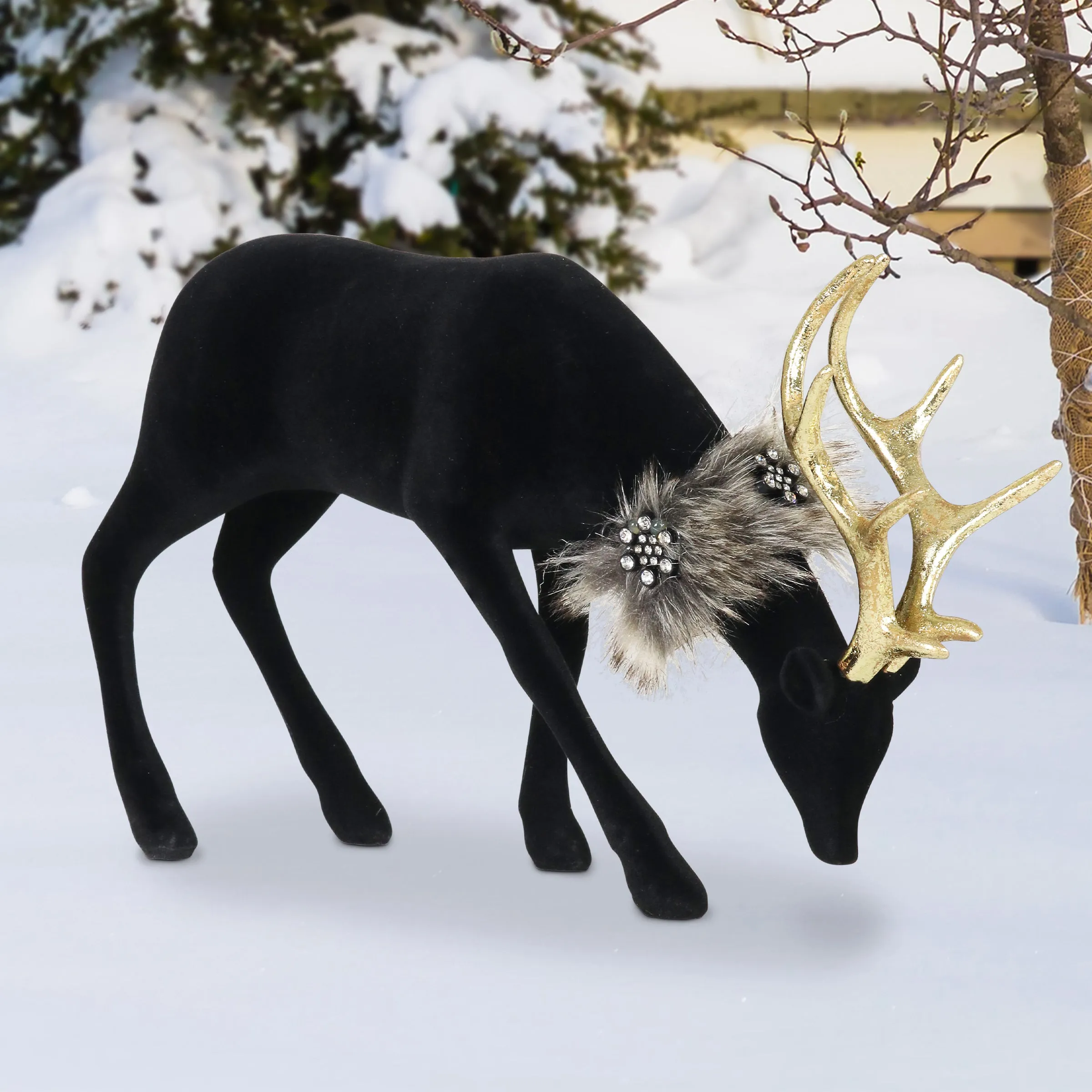 Holiday Black Velvet Grazing Reindeer Statue, 11.5 Inches
