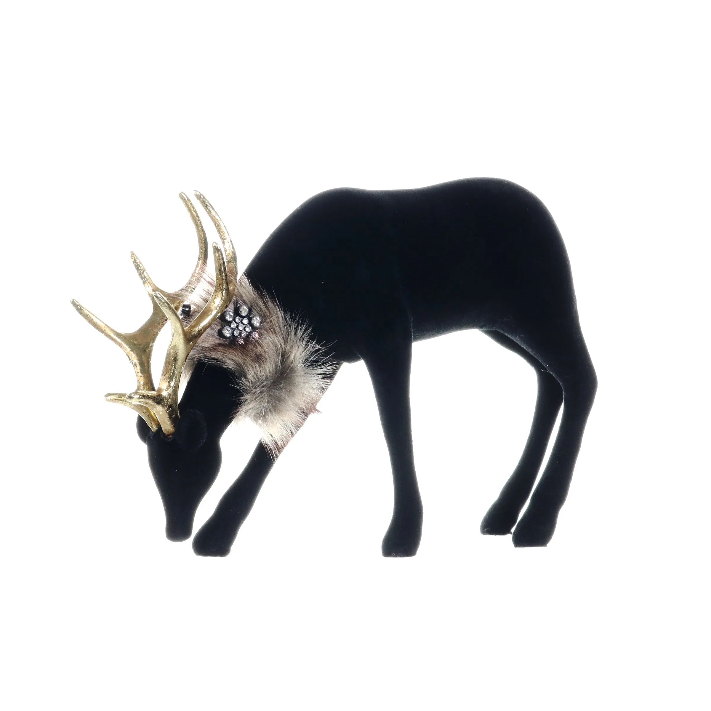 Holiday Black Velvet Grazing Reindeer Statue, 11.5 Inches