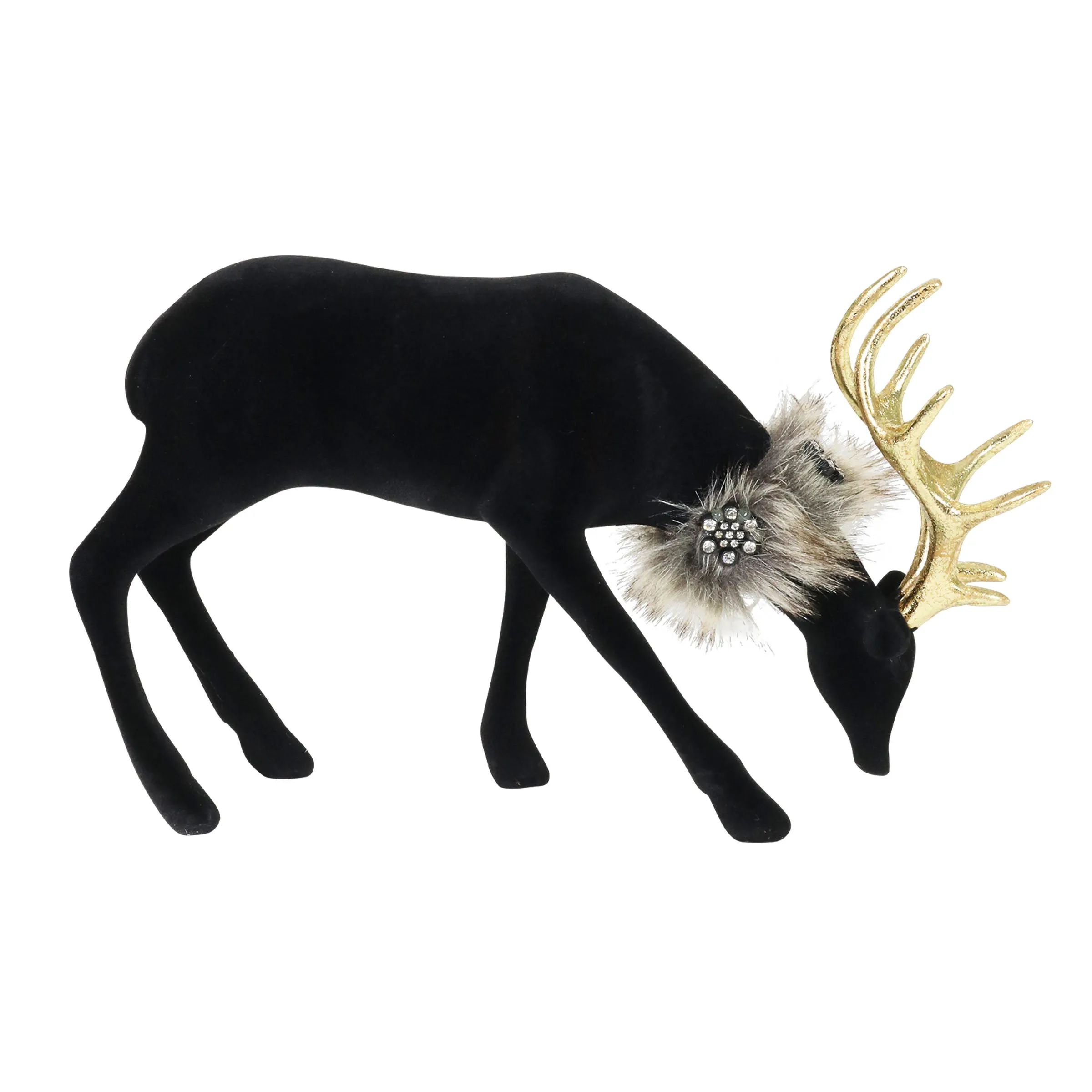 Holiday Black Velvet Grazing Reindeer Statue, 11.5 Inches