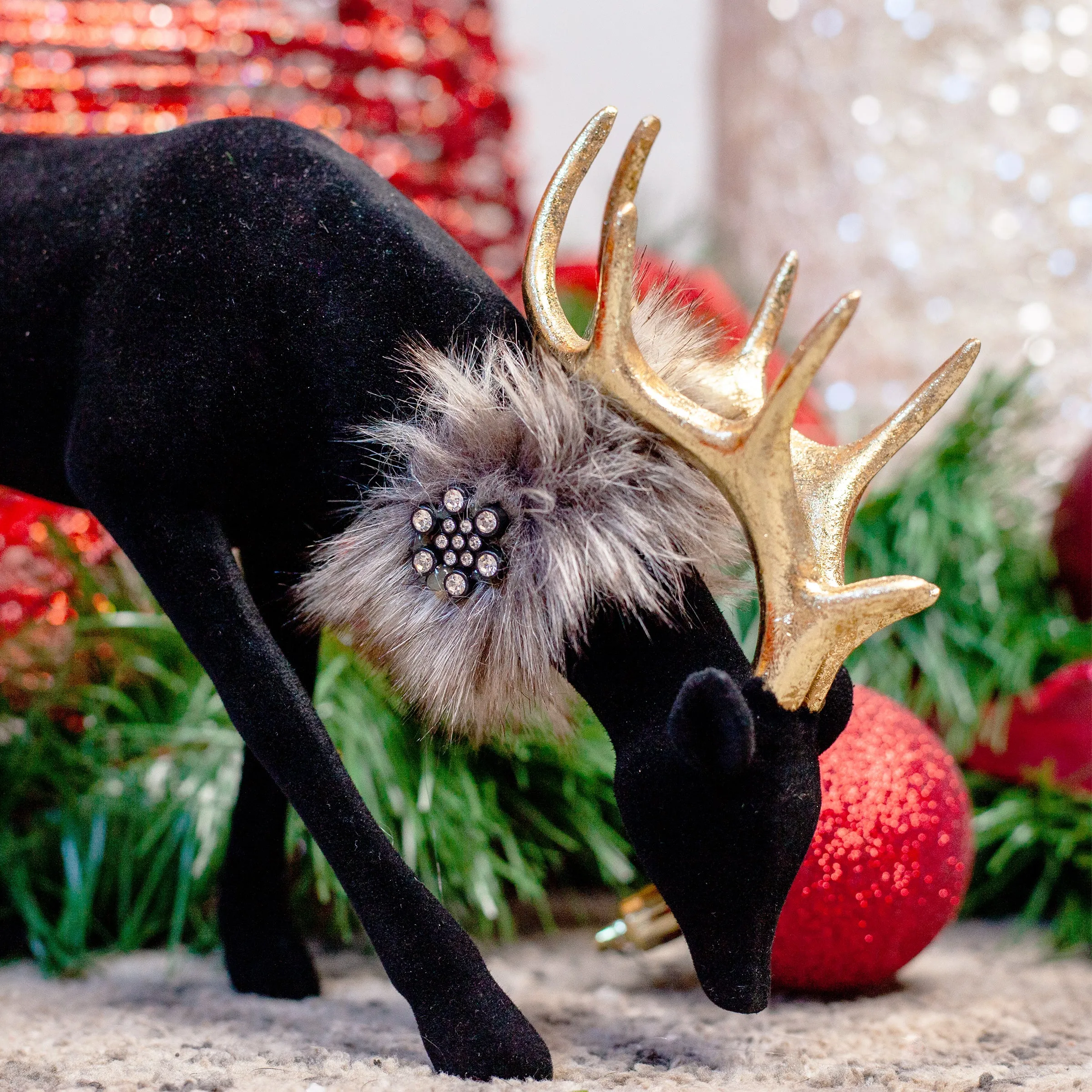 Holiday Black Velvet Grazing Reindeer Statue, 11.5 Inches