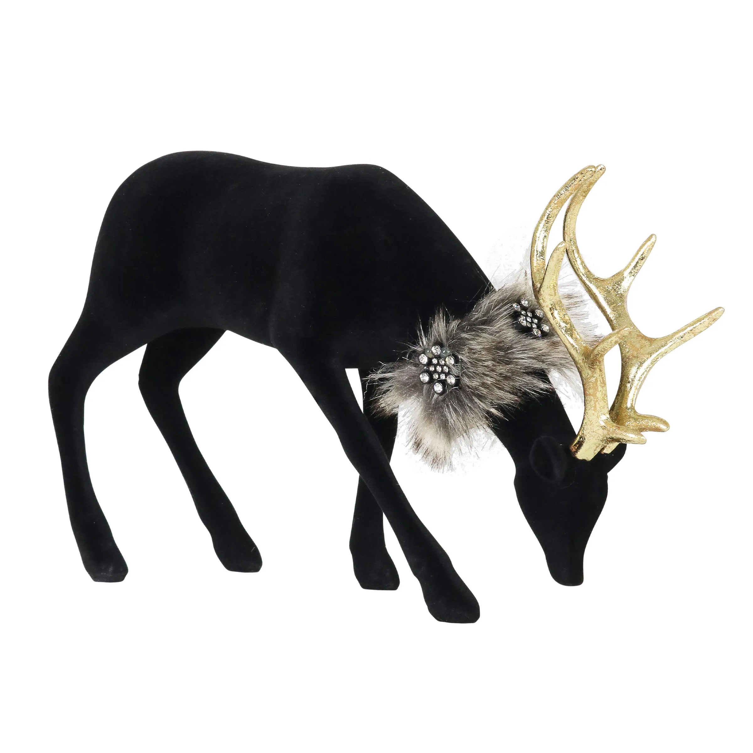 Holiday Black Velvet Grazing Reindeer Statue, 11.5 Inches