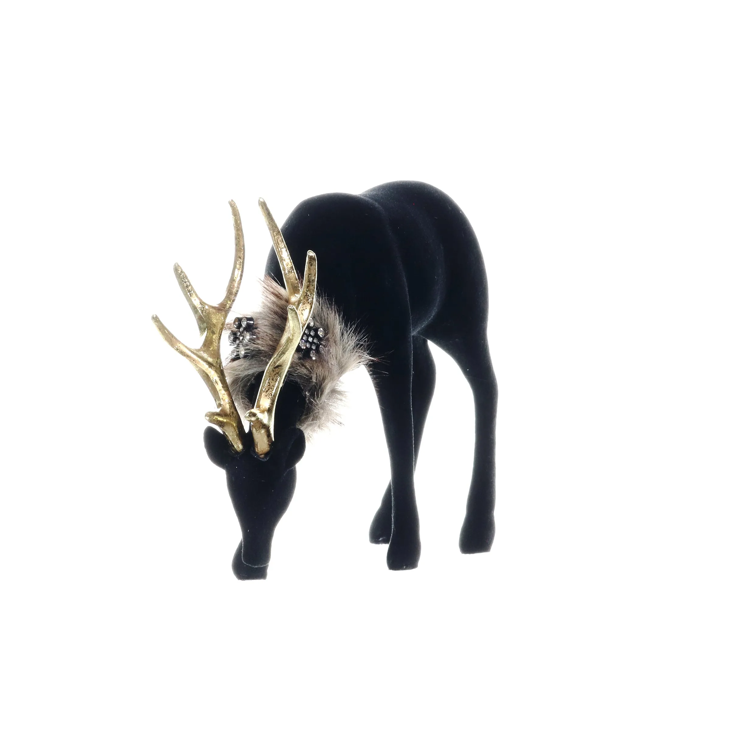 Holiday Black Velvet Grazing Reindeer Statue, 11.5 Inches