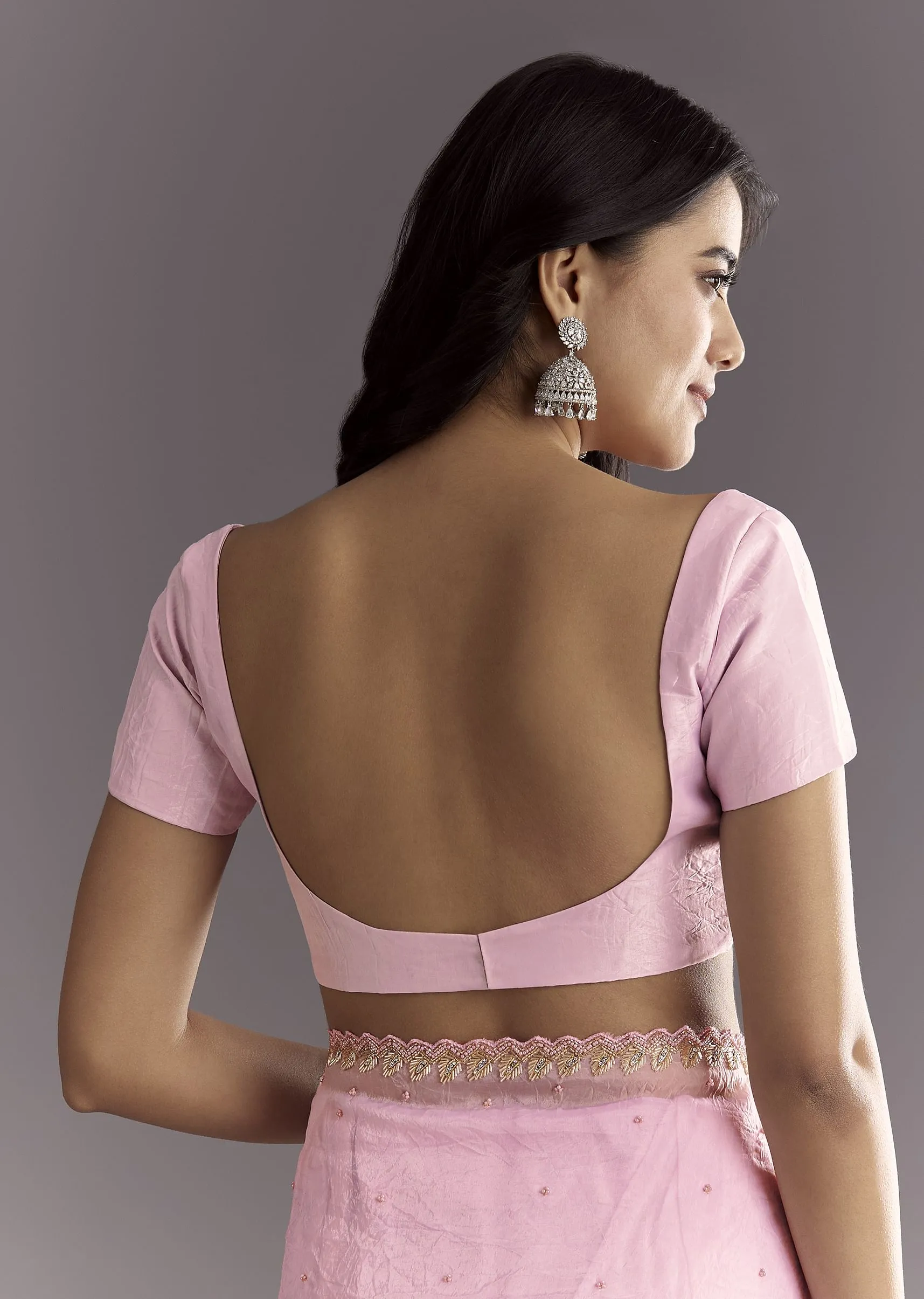 Light Pink Tissue Embroidered Saree With Cutwork Scallop Border