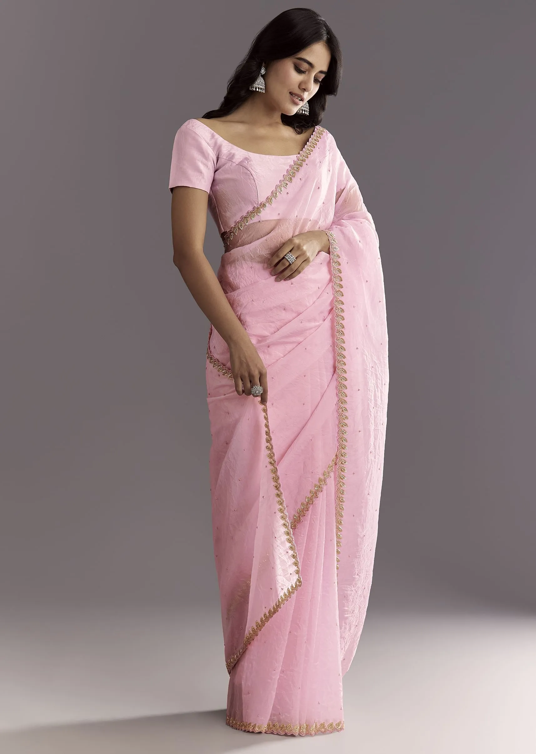 Light Pink Tissue Embroidered Saree With Cutwork Scallop Border