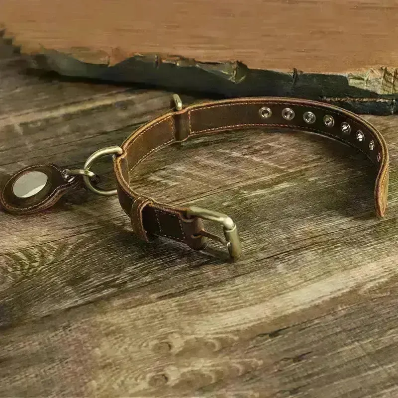 Luxury Genuine Leather Collar w/ AirTag Case