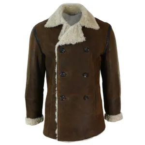 Mens Real Shearling German Navy Sheepskin Double Breasted Jacket Vintage Brown