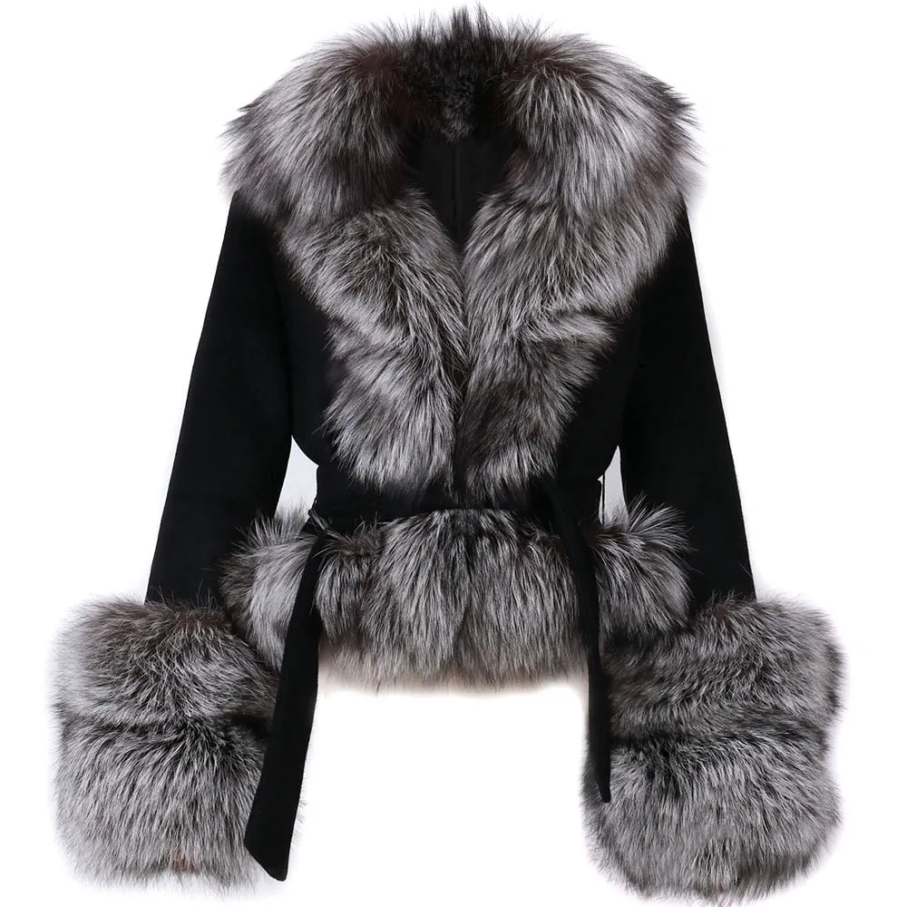 Natural Fox Fur Collar Sleeves Wool Jacket With Belt