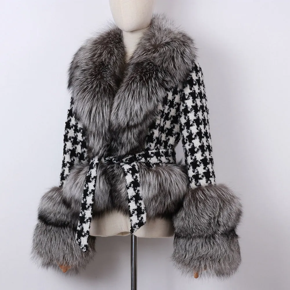 Natural Fox Fur Collar Sleeves Wool Jacket With Belt
