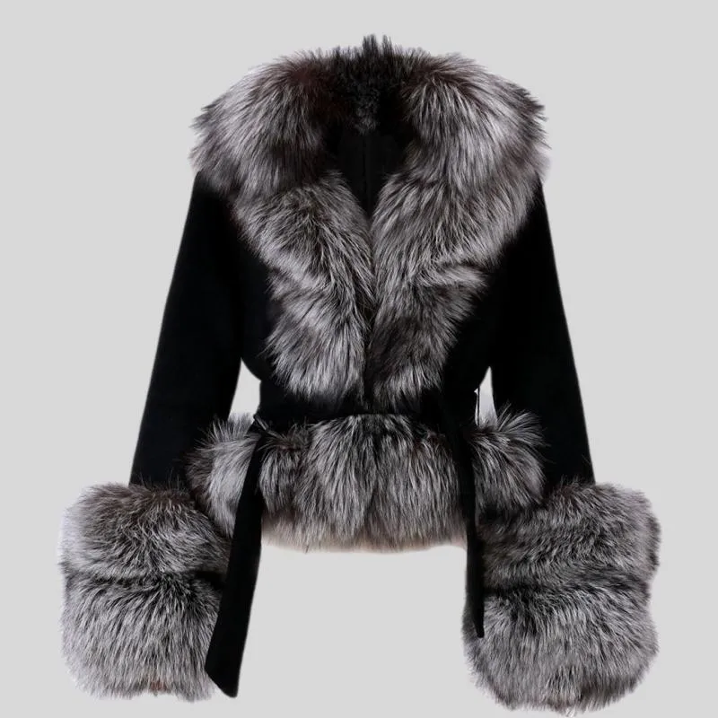 Natural Fox Fur Collar Sleeves Wool Jacket With Belt