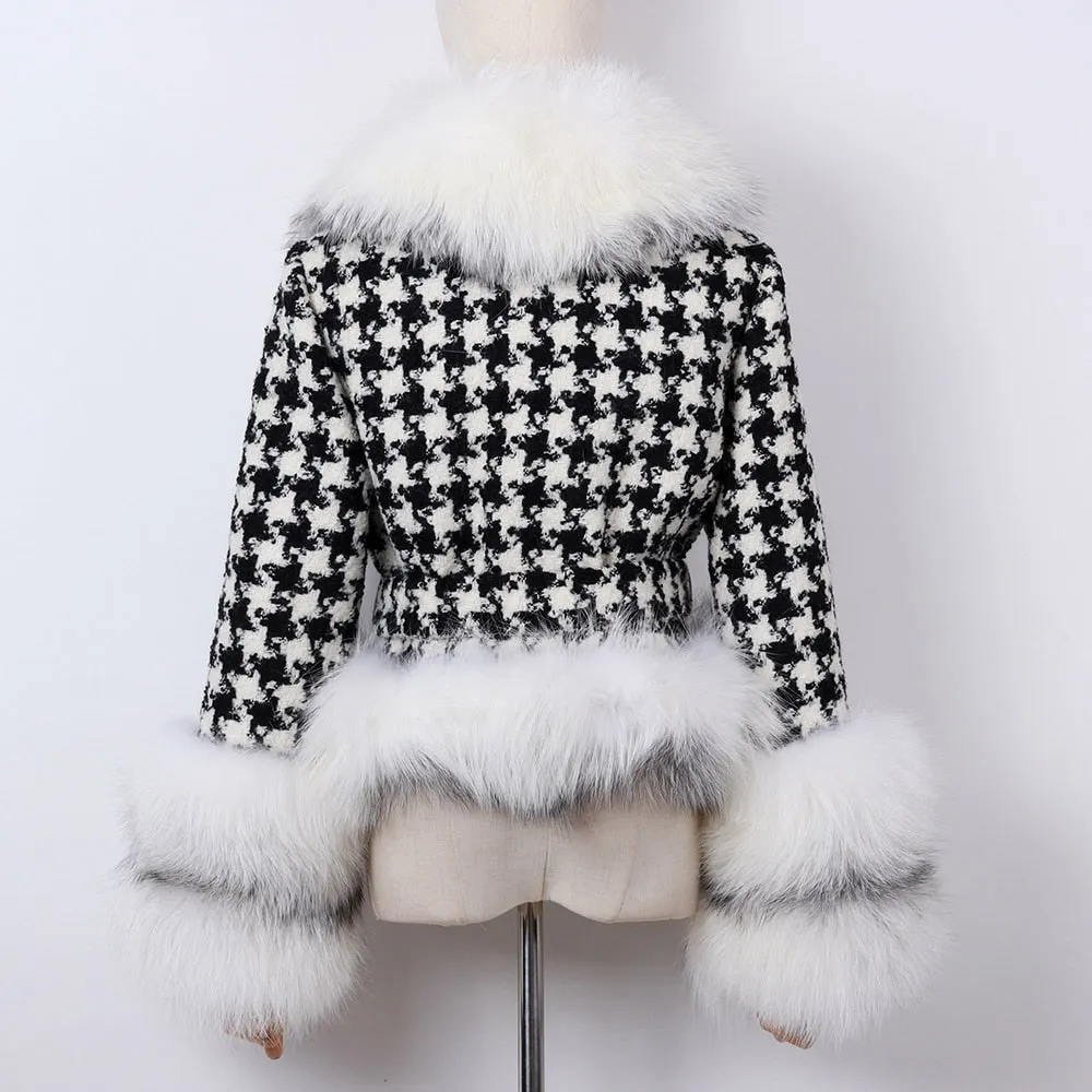 Natural Fox Fur Collar Sleeves Wool Jacket With Belt