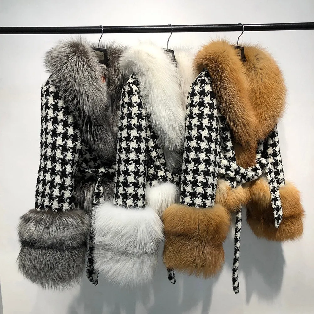 Natural Fox Fur Collar Sleeves Wool Jacket With Belt