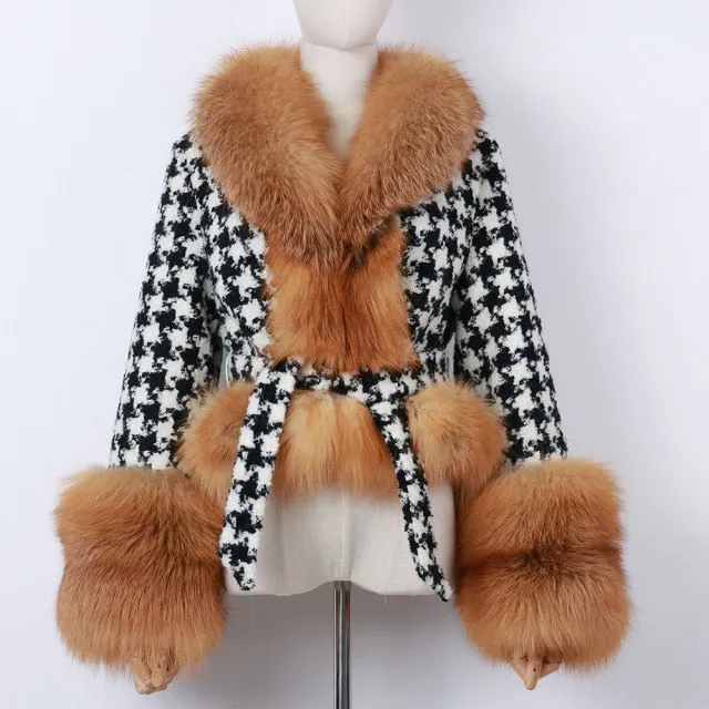 Natural Fox Fur Collar Sleeves Wool Jacket With Belt