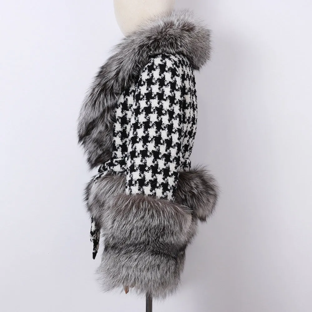 Natural Fox Fur Collar Sleeves Wool Jacket With Belt
