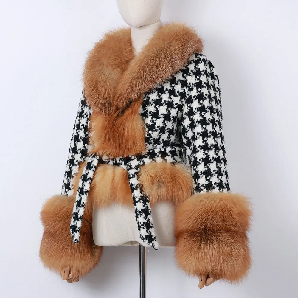 Natural Fox Fur Collar Sleeves Wool Jacket With Belt