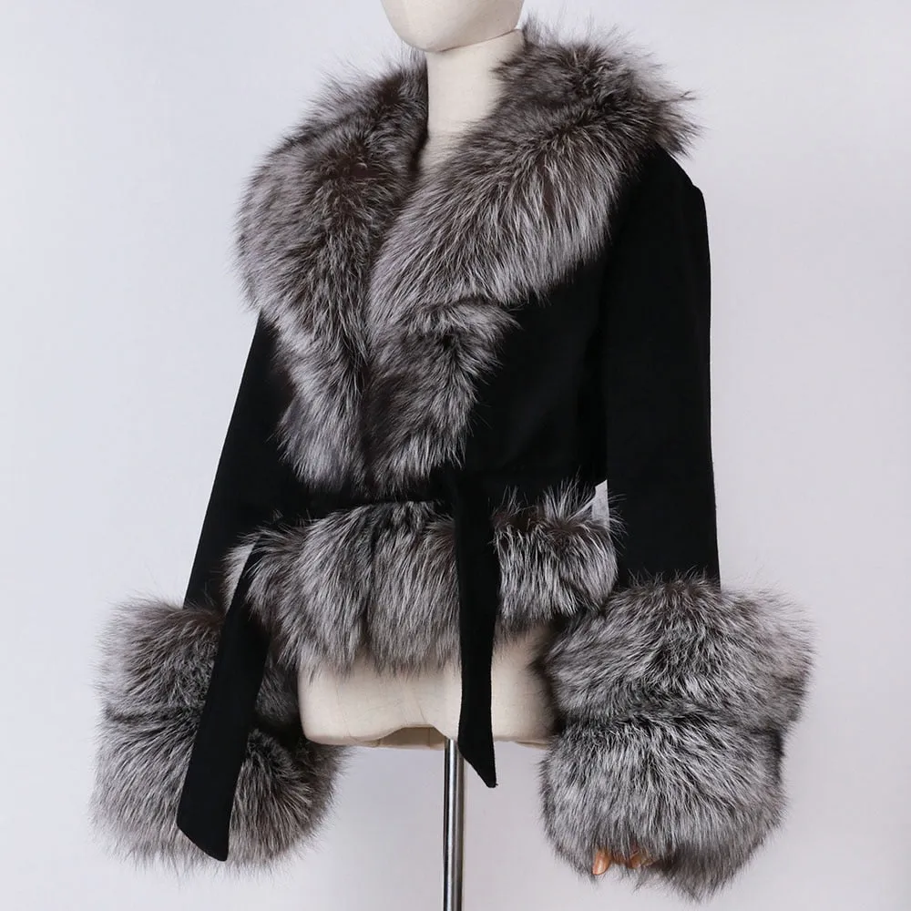 Natural Fox Fur Collar Sleeves Wool Jacket With Belt