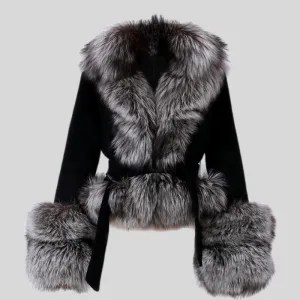 Natural Fox Fur Collar Sleeves Wool Jacket With Belt