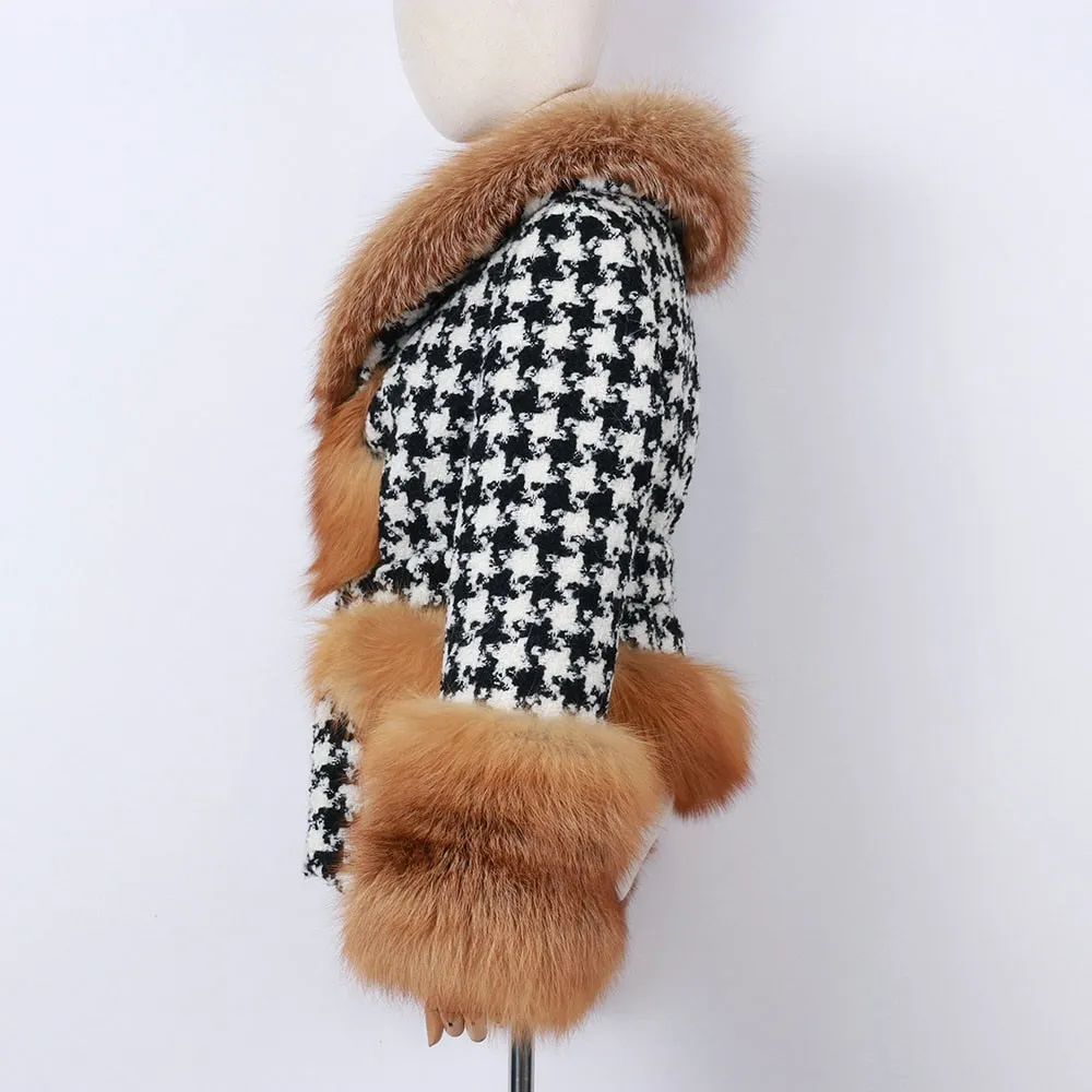 Natural Fox Fur Collar Sleeves Wool Jacket With Belt