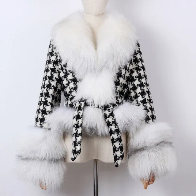 Natural Fox Fur Collar Sleeves Wool Jacket With Belt